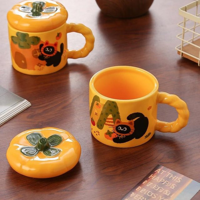 Keramiktasse mit Deckel von Yiran Furniture in Orange, 380 ml - Bild 1