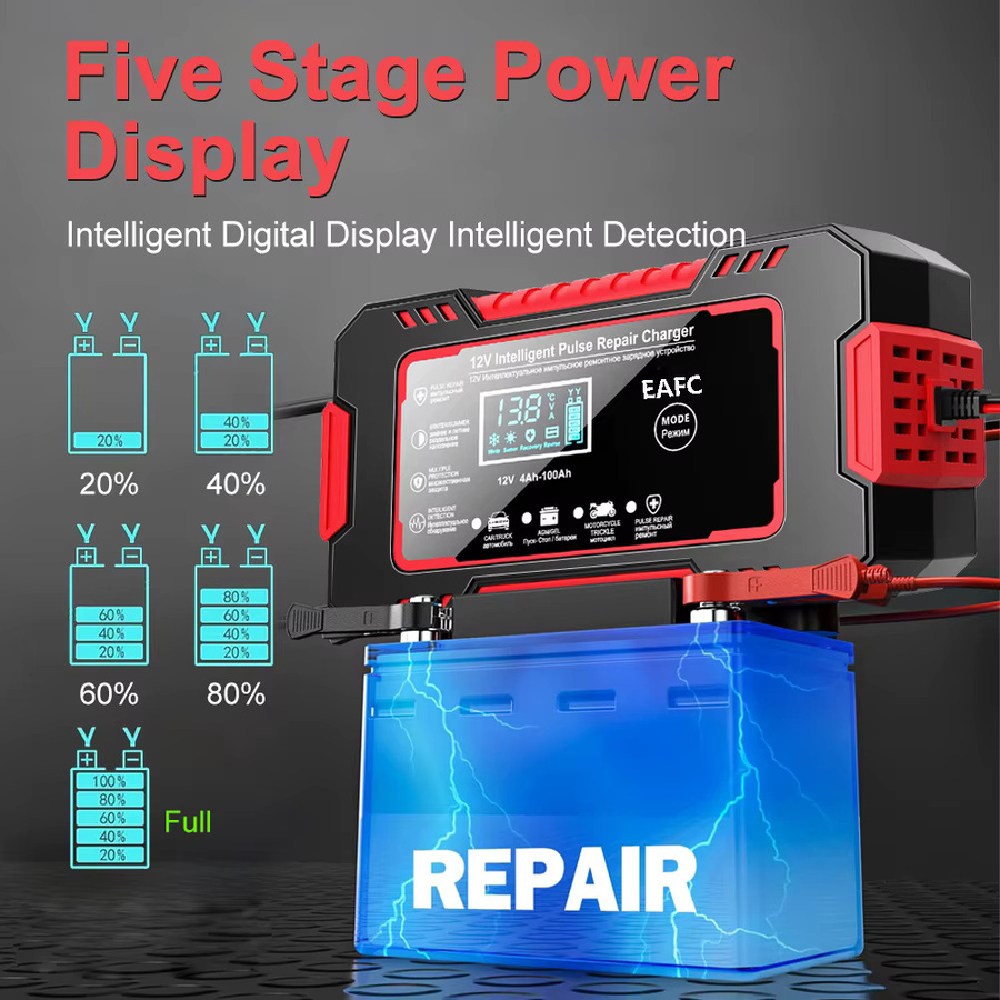 EAFC 6A 12V Smart Car Battery Charger Auto- und Motorradbatterieladegerät mit LCD-Display für Blei-Säure-Batterien in Rot und Schwarz - Bild 3