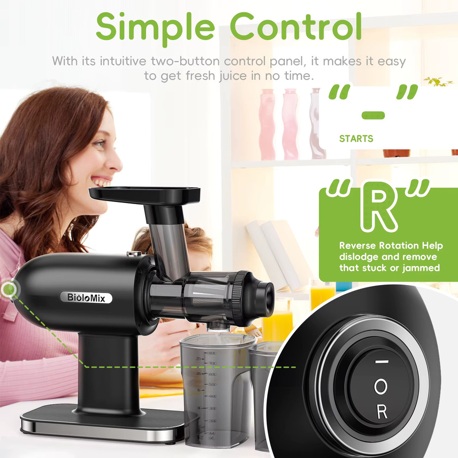 BioloMix Slow Masticating Juicer Entsafter mit Kaltpresstechnologie und Umkehrfunktion in Schwarz - Bild 3
