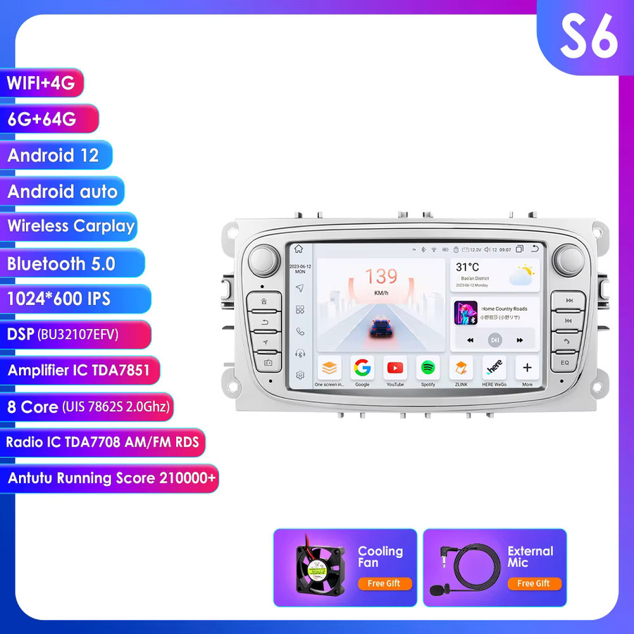 OSSURET 2DIN Android Autoradio mit GPS, 4G, WIFI und Carplay für Ford Focus 2008–2011, S/C-Max, Mondeo, Galaxy, Kuga, Transit Connect in Schwarz - Bild 4