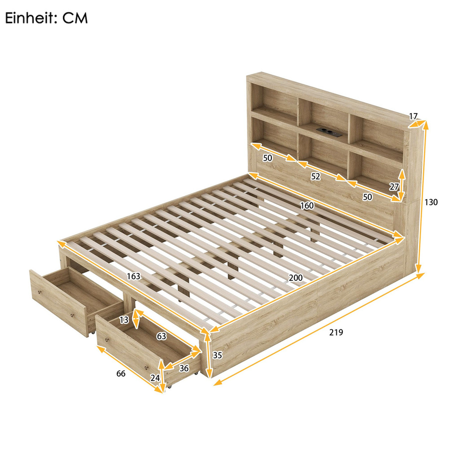 Flieks Doppelbett aus Holz in Grün mit Stauraum und 2 Schubladen, Funktionsbett mit Ablagefach und Lattenrost, H x B x T: 125 x 219 x 163 cm - Bild 2