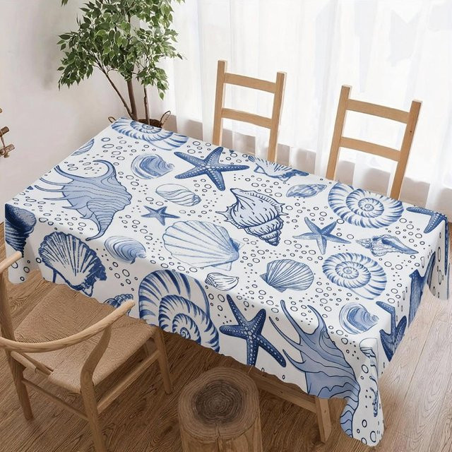Wasserdichte rechteckige Tischdecke mit Muschel- und Seestern-Motiv von JINGYUE Pet in Weiß, B/T: 90 x 140 cm - Bild 1