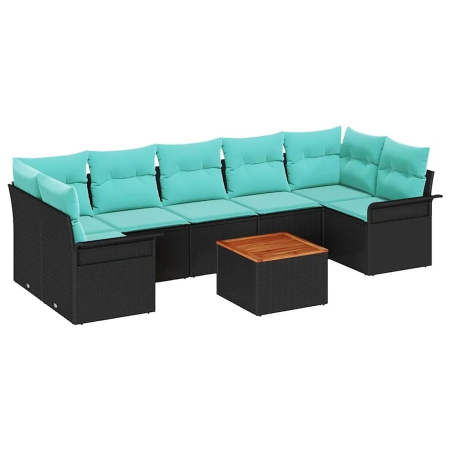 vidaXL Gartensofa-Set 8-teilig aus Poly-Rattan in Schwarz und Türkis mit Polsterung und Tisch - Bild 2