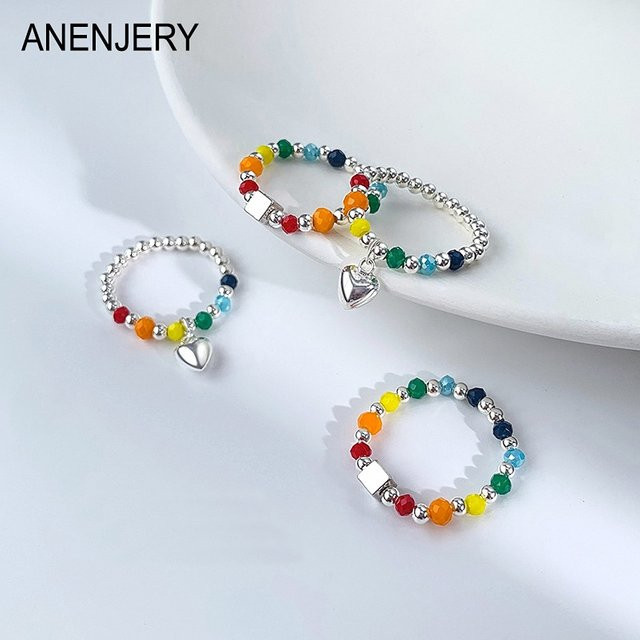 ANENJERY Ring, Regenbogen Perlen, Herz, Damen - Bild 1