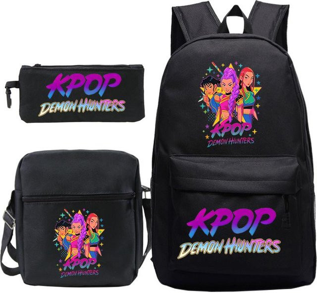 3-teiliges Schulrucksack-Set in Schwarz aus Oxford-Stoff mit Schultasche, Schultergurt und Federmäppchen - Bild 1