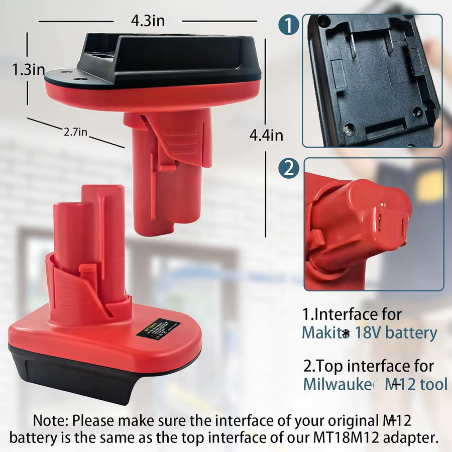 Akku-Adapter MT18M12 von Makita für 18V Li-Ion Akkus BL1850 und BL1860 zu Milwaukee M12 12V Werkzeugen, roter ABS-Konverter - Bild 5