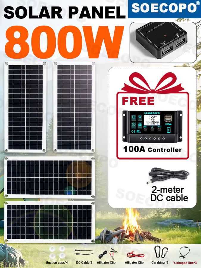 SOECOPO 800W Solarpanel-Set mit 4 Photovoltaik-Zellen und 100A Controller, tragbares 12V Batterieladegerät für Auto, Wohnmobil und Boot, Schwarz - Bild 7