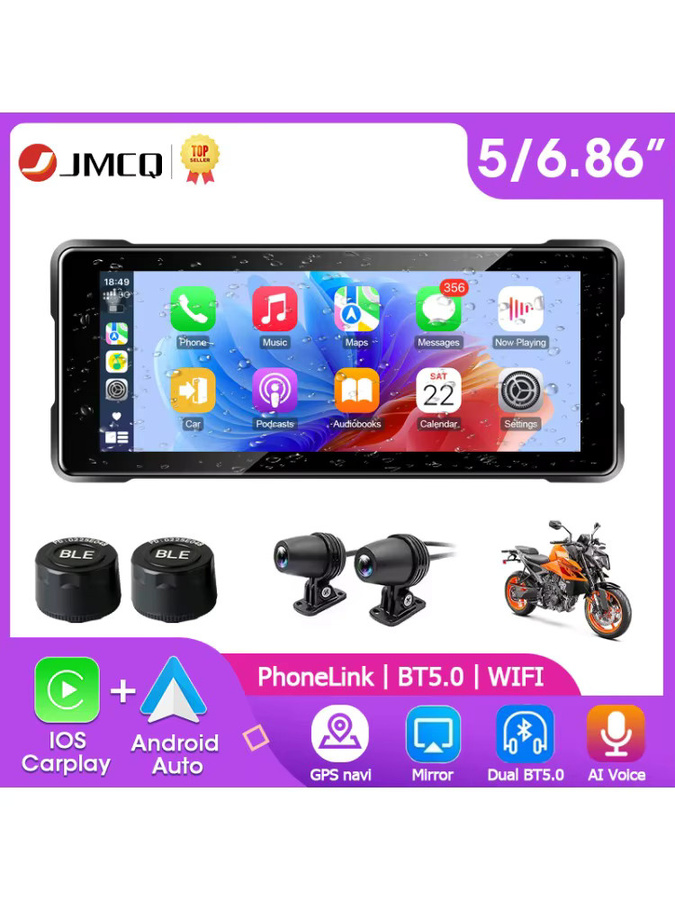 srnubi Motorrad DVR mit GPS Navigation und 6,86 Zoll Display, 1080P Full HD Kamera, kabelloses CarPlay und Android Auto, wasserdichter Monitor in Schwarz - Bild 7