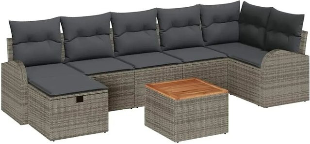 vidaXL Garten-Sofa-Set aus Polyrattan in Grau, 8-teiliges L-Shape Lounge-Set mit Kissen, Ottomane und Couchtisch inklusive integriertem Stauraum - Bild 1