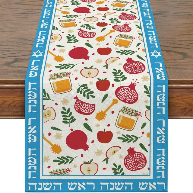 JMG Household Supplies Shana Tova Tischläufer aus Leinen, Mehrfarbig, B: 150 cm, H: 33 cm - Bild 1