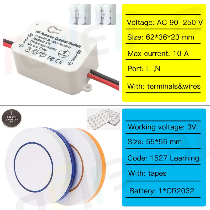Tedeligo Kabelloser Mini Runder Wand-Lichtschalter mit RF 433MHz Fernbedienung für LED-Heimbeleuchtung, Weiß oder Blau - Bild 5