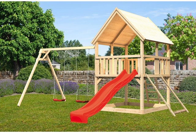 Karibu Spielturm Luis mit Satteldach, Doppelschaukel, Netzrampe und Rutsche in Rot - Bild 1
