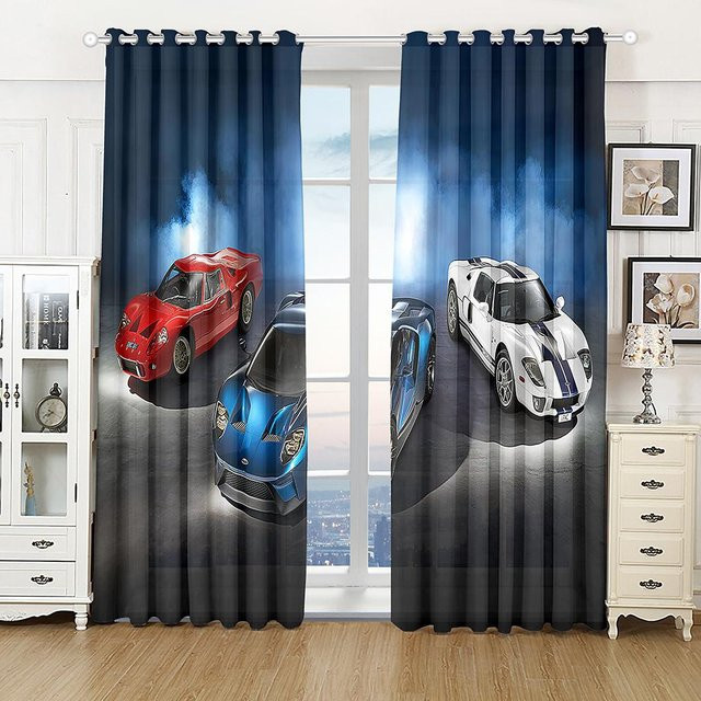 A Family Of Home Textiles 3D-Vorhang mit Rennauto-Motiv und Landschaftsmotiv, mehrfarbig, semi-transparent, Breite: 100 cm, Höhe: 160 cm - Bild 1