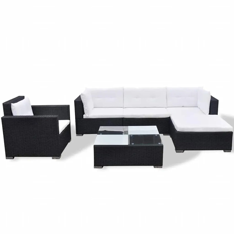 vidaXL 6-teiliges Garten-Lounge-Set in L-Form aus Poly-Rattan mit Kissen und pulverbeschichtetem Stahlrahmen in Schwarz - Bild 2