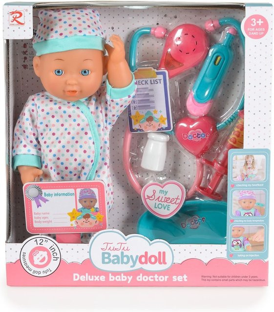 Moni Kinderpuppe, mit Stethoskop, Arztzubehör, Arztausweis, mit Geräuschen, bunt - Bild 1