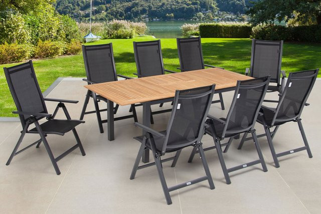 OUTFLEXX Garten-Essgruppe aus Aluminium, Teakholz und Textilene in Anthrazit Matt mit Ausziehtisch und 8 Klappstühlen - Bild 1