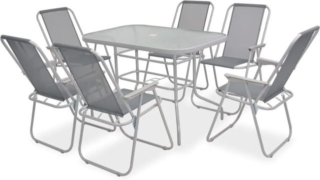 vidaXL 8-tlg Garten-Essgruppe aus Stahl und Textilene in Grau mit Hartglas-Tischplatte - Bild 1