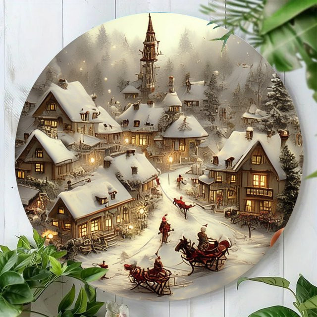Potdemiel Rundes Metallschild Vintage Weihnachtspferd und Winterlandschaft, Durchmesser: 20 cm, Mehrfarbig - Bild 1
