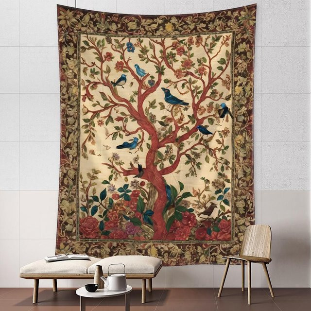 Binchi Outdoor Equipment Wandteppich mit abstraktem Blumen- und Vogelmotiv in Multicolour, B/H: 200 x 150 cm - Bild 1