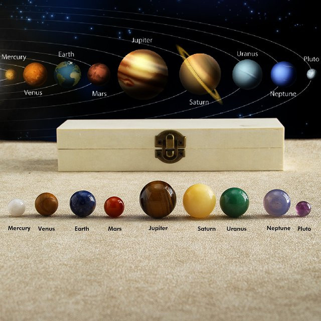 Amethyst Naturstein Sonnensystem Set mit Holzkiste, Buntes Planeten-Dekorationsset aus Kristallen - Bild 1