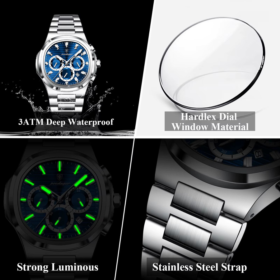 POEDAGAR Chronograph, Quarz, Edelstahl, Blau, Herren - Bild 4