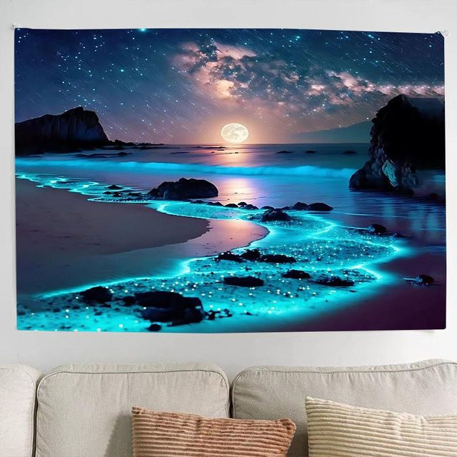 Biolumineszenter Strand-Wandteppich mit Meereswellen und Vollmond von JMG Household Supplies, Farbe: Grau und Blau, B x H: 70 x 100 cm - Bild 1