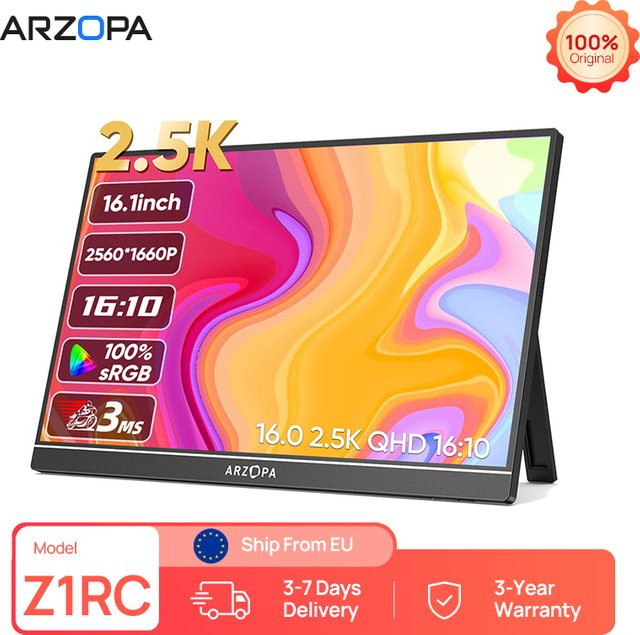 Arzopa Z1RC Tragbarer Monitor 16 Zoll mit 2K QHD IPS-Bildschirm, Schwarz, USB-C und Mini HDMI für Laptop, PC, Mac und Konsolen - Bild 1
