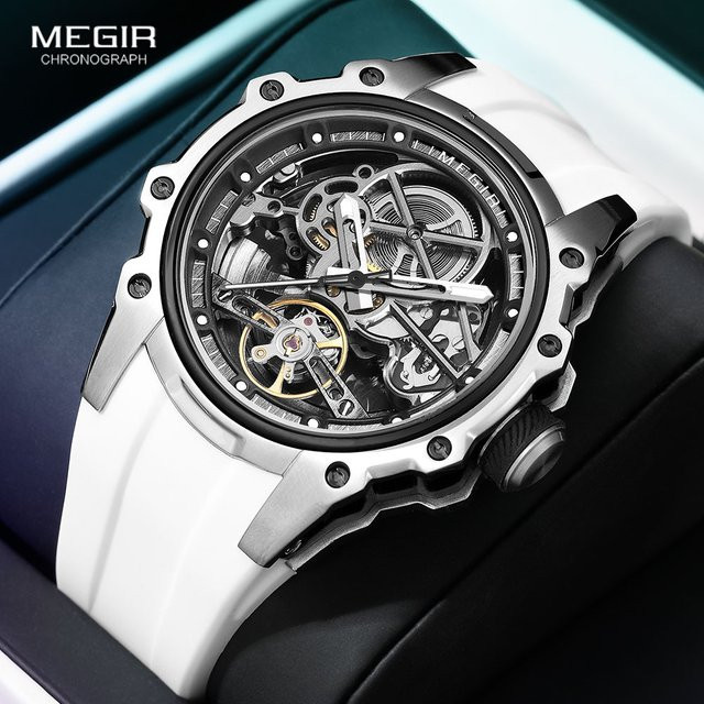 MEGIR Armbanduhr Automatik, Edelstahl, Silikonarmband, Weiß, Herren - Bild 1