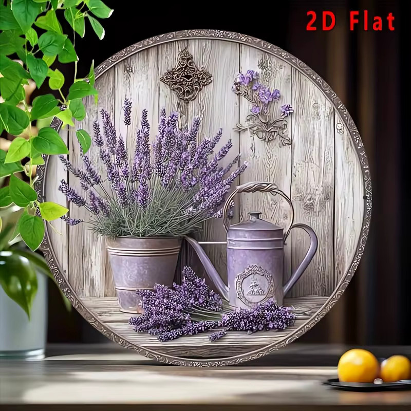 Potdemiel Rundes Aluminium-Wandkunstschild im Vintage-Stil mit Lavendel-Blumenmotiv, Farbe: Lila, Durchmesser: 20 cm - Bild 2