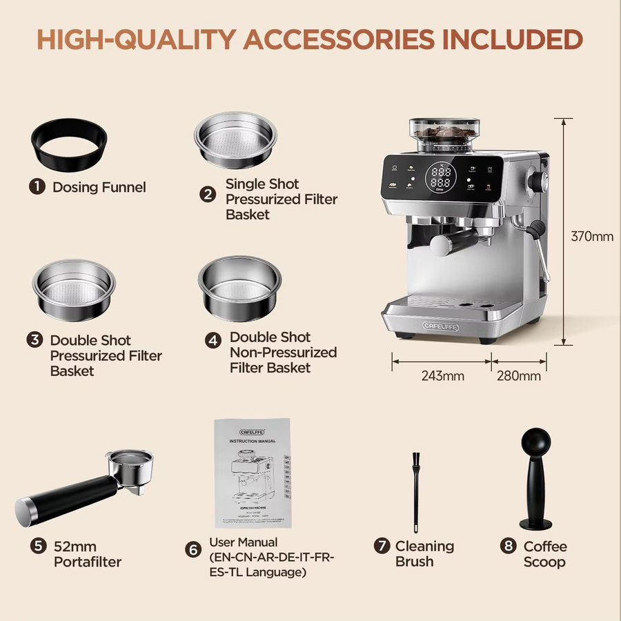 CAFELFFE MK-903 Barista Espressomaschine in Silber mit integriertem Mahlwerk, Touchscreen und 1,8 l Wassertank - Bild 7