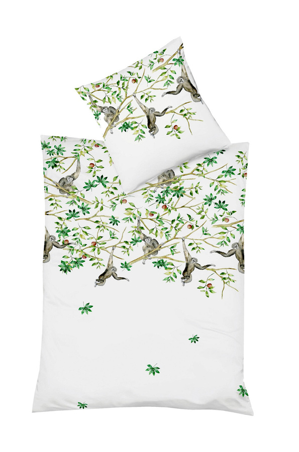 Fleuresse Mako-Satin Bettwäsche Set mit Affen, Ästen und Blättern in Weiß und Grün, B/T/H: 240 x 220 x 80 cm - Bild 1