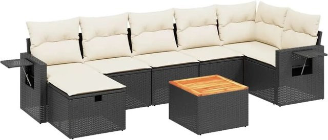 vidaXL 8-tlg. Garten-Sofagarnitur in L-Form mit Kissen und Polsterung, Schwarz und Weiß, Poly Rattan und pulverbeschichtetem Stahl - Bild 1