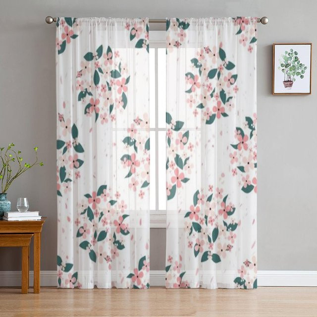 Super Six Transparenter Organza-Vorhang mit floralem Blumenmuster in Rosa und Grün, Breite: 135 cm, Höhe: 114 cm - Bild 1