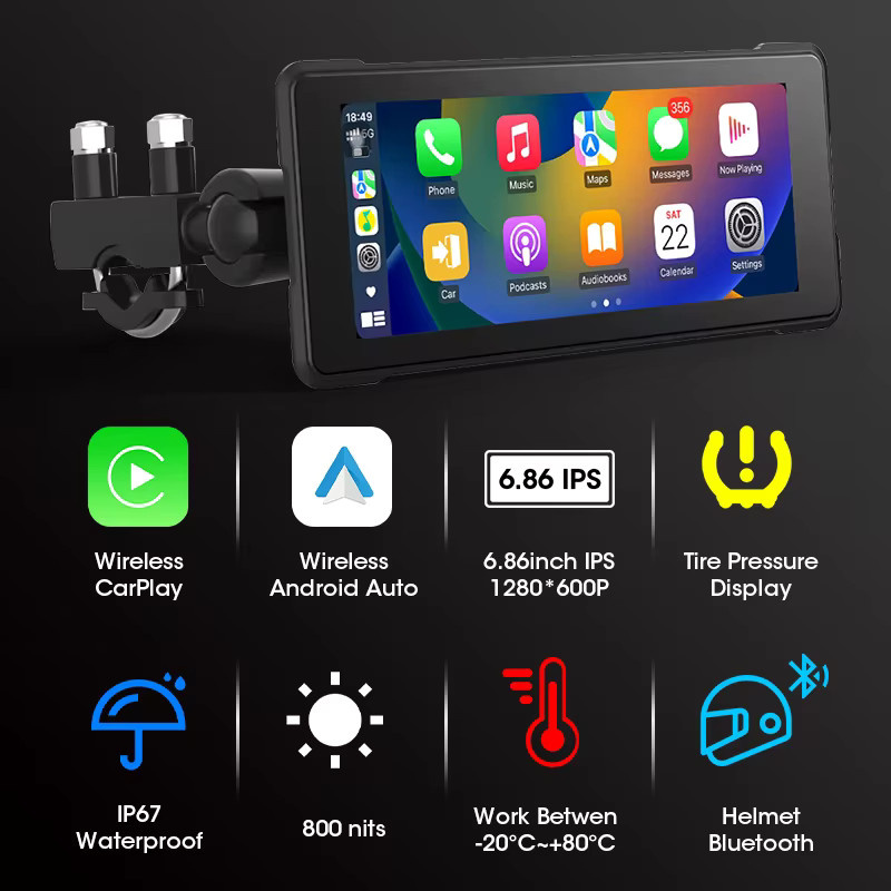Jansite Tragbarer Motorrad-DVR mit 6,86 Zoll Display, Kabelloses CarPlay, Android Auto Mirror Link, IP67 Wasserdicht, Bluetooth 5.0 und GPS-Navigation, Schwarz - Bild 2