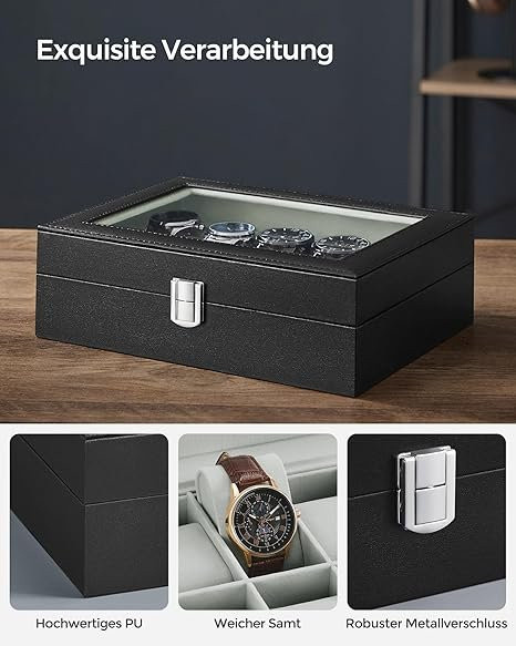 Songmics Uhrenbox, 10 Compartimenten, Glazen Deksel, Fluwelen Voering, Unisex - Bild 1