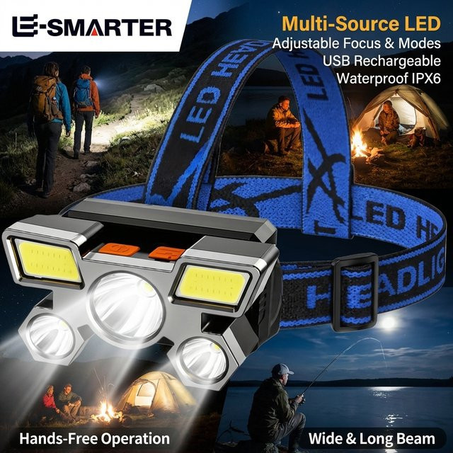ESMARTER USB-aufladbare tragbare LED-Stirnlampe mit 4 Modi in Schwarz für Outdoor, Angeln und Camping - Bild 1