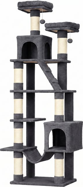 PawHut Kratzbaum Aosom in Dunkelgrau, mehrstufiger Katzenturm mit 2 Höhlen, 2 Betten, Hängematte, Sisalpfosten, Leiter und Spielzeug, Höhe: 204 cm - Bild 1