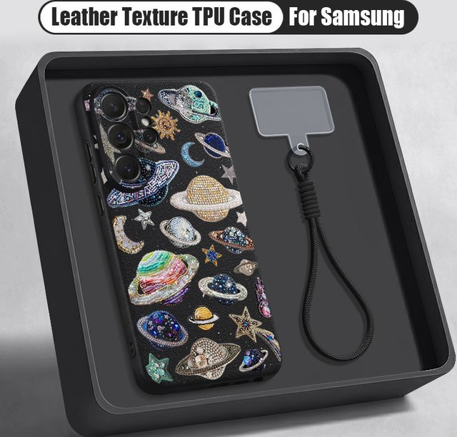 Samsung Handyhülle mit Planetenmuster und Lanyard in Grau für Galaxy S26 S25 S24 Ultra S23 S25 FE A57 A37 A17 A56 A55 A16 A26 A54 5G – Weiche Schutzhülle - Bild 1
