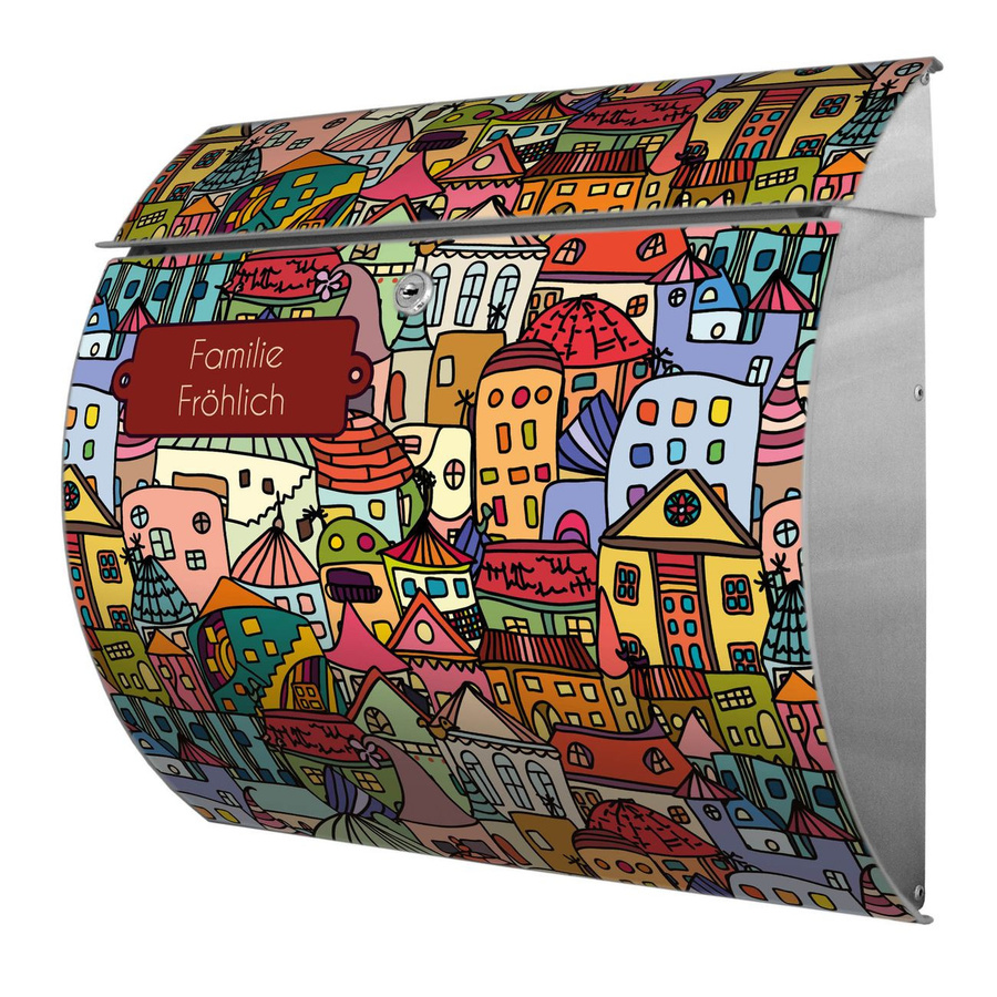 Personalisierter Edelstahl Briefkasten Burg-Wächter mit Namen und Motiv Funky Town in Silber und Multicolour, B/T/H: 33,0 x 37,6 x 10,6 cm - Bild 1