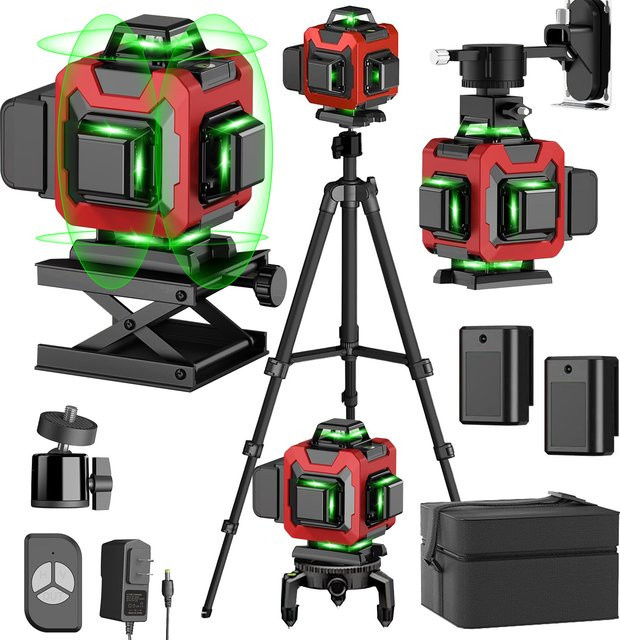 Seeiswork Professionelles 4D Laserniveau mit 16 Linien und grünem Strahl inklusive 1,2 m Stativ, 360 Grad selbstnivellierendes Laser-Nivelliergerät - Bild 1