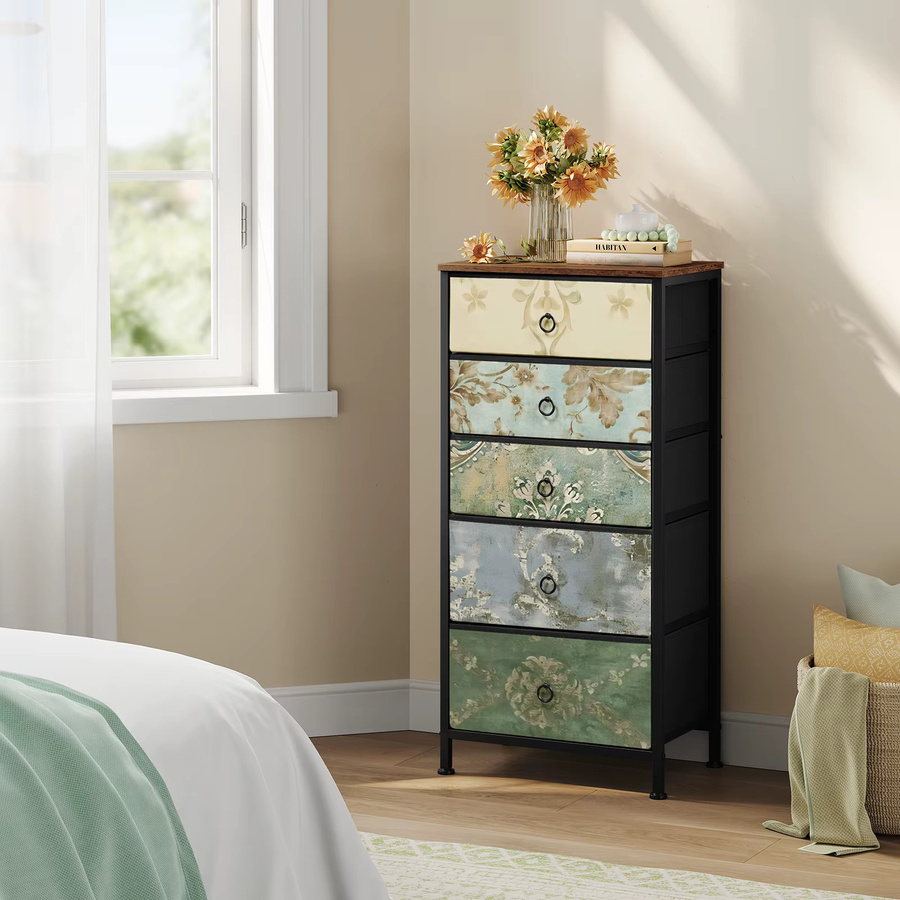 WOLTU Stoffkommode mit 5 Schubladen im Vintage-Design, Multicolour, floraler Aufbewahrungsorganisator für Flur und Küche - Bild 3